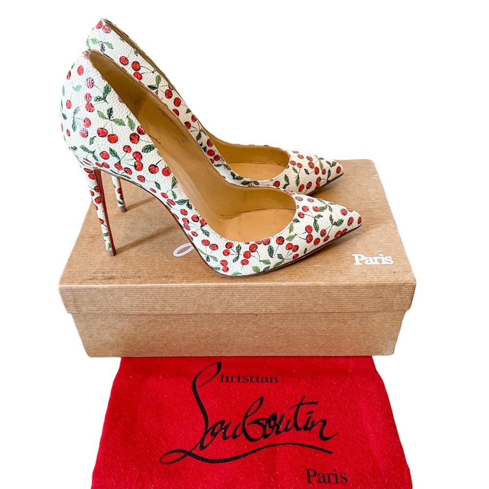 Christian Louboutin Pigalle Follies Cerise 100 Pumps, Calf Caviar, Cherries, 9.5